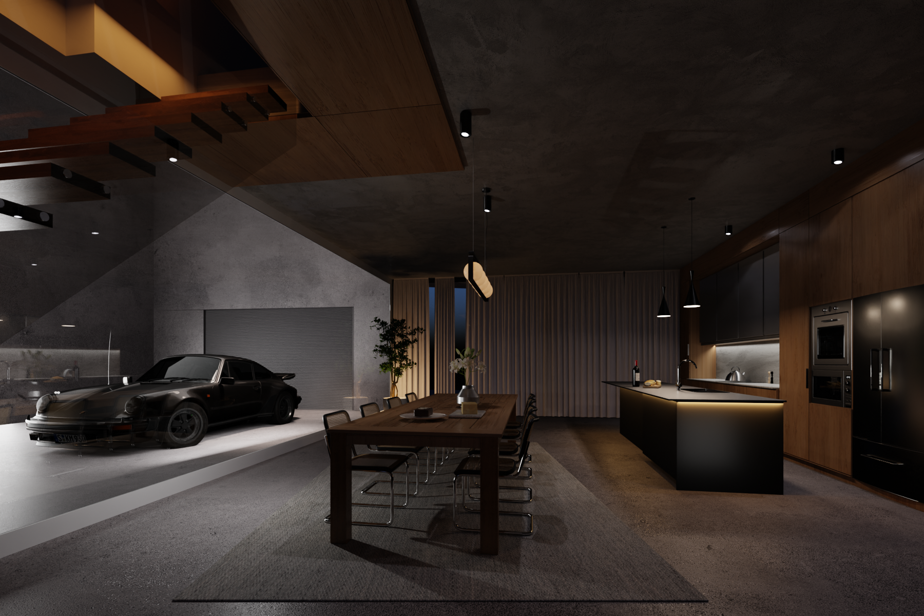 Kitchen 3D render — night