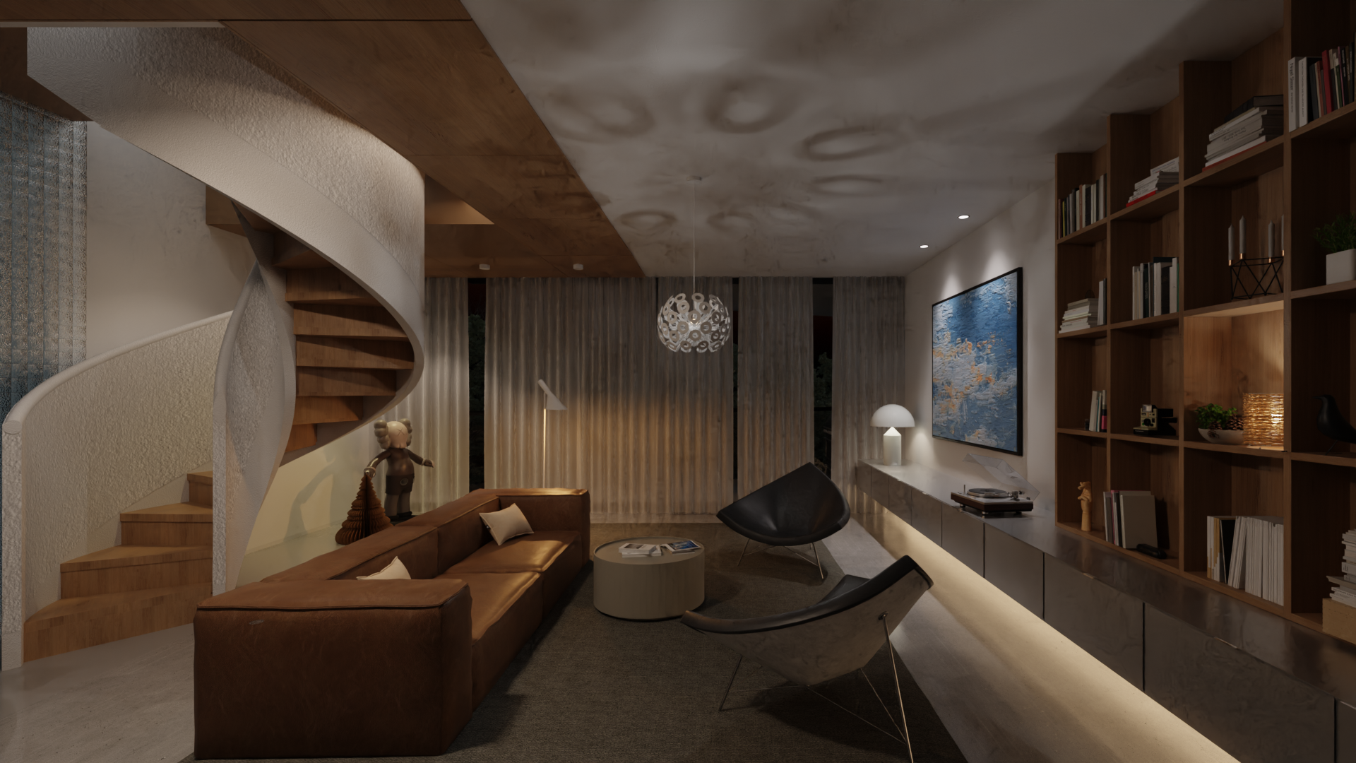 Living room 3D render — night
